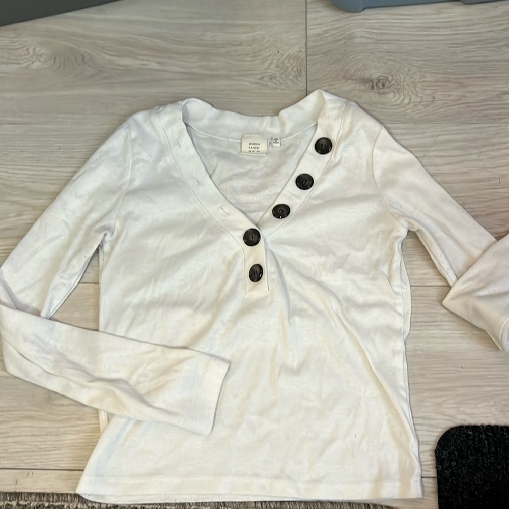 White Henley with brown buttons